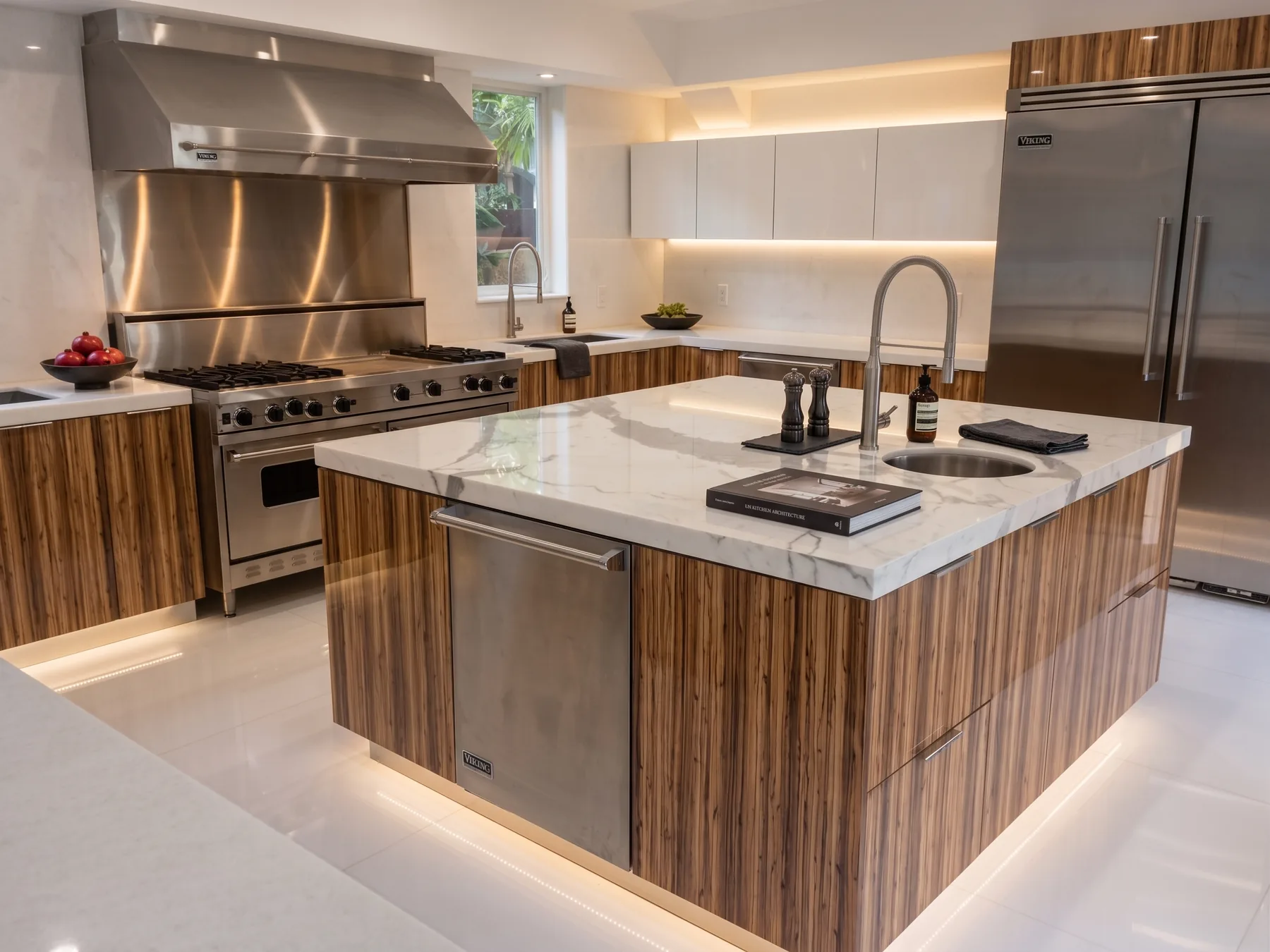Custom kitchen with wood cabinets and a white island, built to fit by Designs and Cabinets in Miami